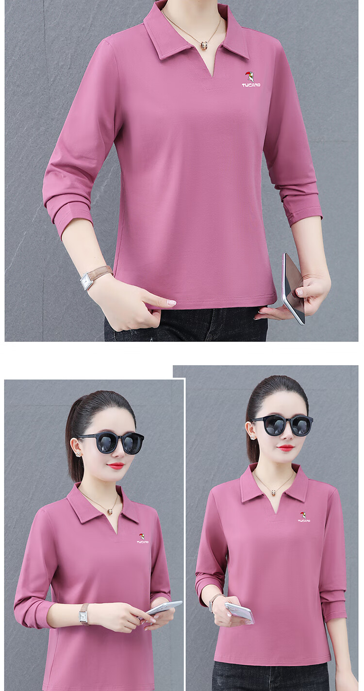 Woodpecker Women's Long Sleeve Polo Shirt Autumn New Pure Cotton Casual Plus Size Caramel L 9
