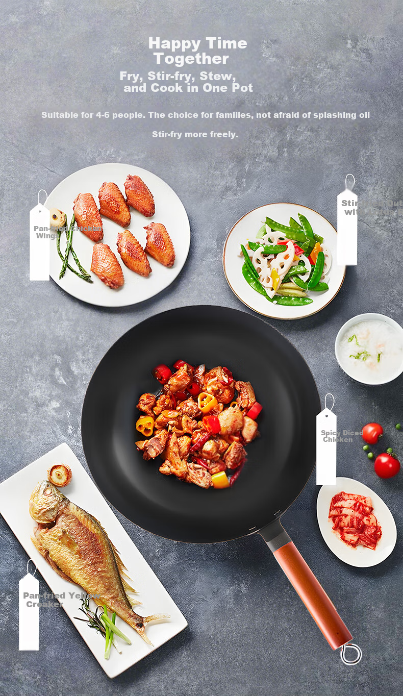 Midea Cast Iron Wok Healthy Non-Coated Iron Stir-Fry Pan 32cm for Home Gas Stove and Induction Cooker 7