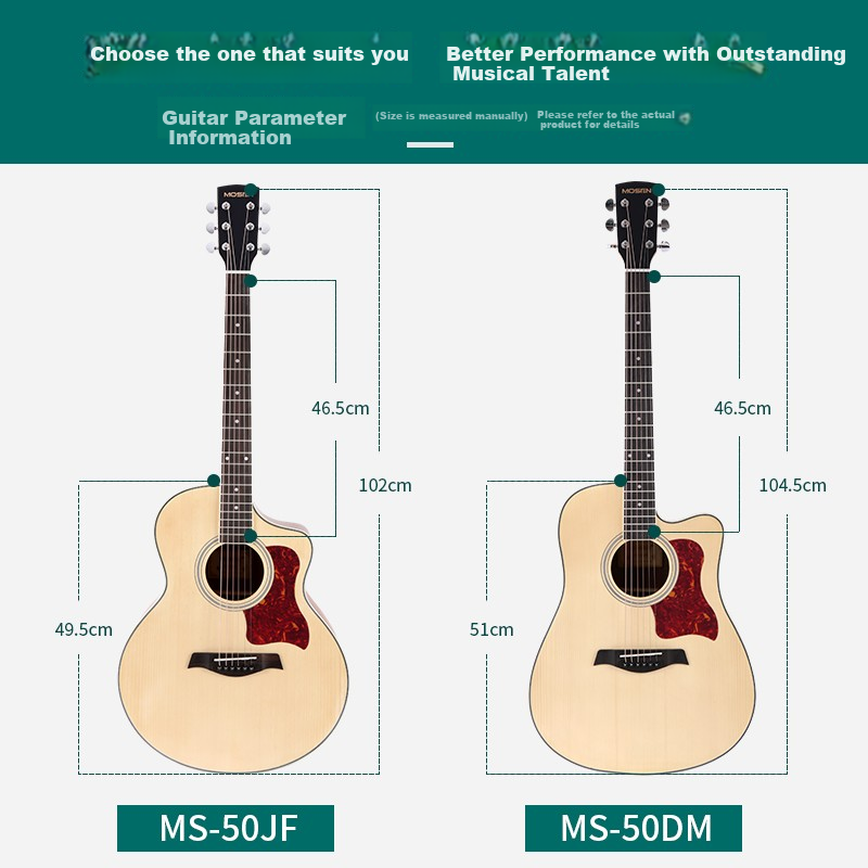 MOSEN MS-50JF Spruce Top Acoustic Guitar, Professional Grade Model, Matte Finish, 40 Inches, Natural Wood Color