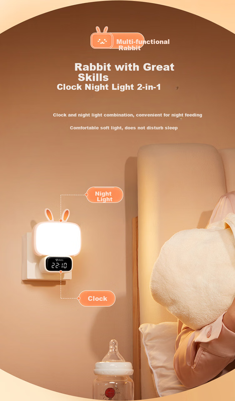 BULL Cute Rabbit Night Light, Ambient Light, Three-Level Color Adjustment, Stepless Dimming, Timer, Wireless Remote Control, 500mAh Battery-Powered Clock Model 3