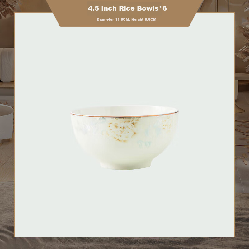 Yichen Jingdezhen Ceramic Tableware, 4.5-Inch Rice Bowl, Complete Set for Home Use, European Style Bowls And Plates, Golden Branches And Jade Leaves