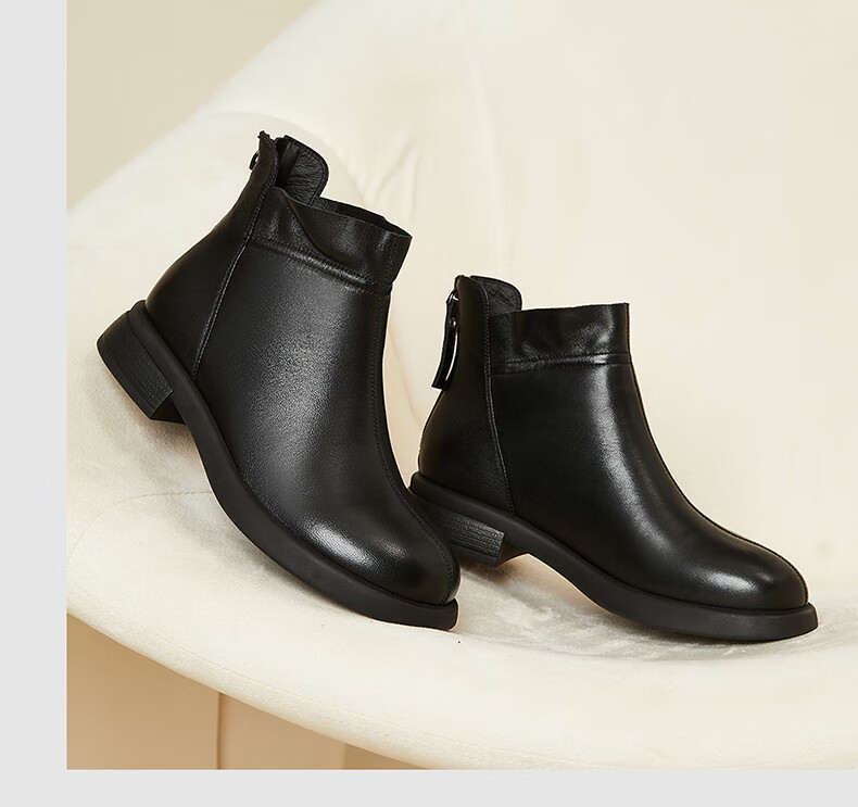 Fugui Bird Genuine Sheepskin Leather Ankle Boots Women Autumn Winter Fleece Lined Warm Fashion Boots Round Toe Chunky Heel Black Fleece Lined Size 37 4