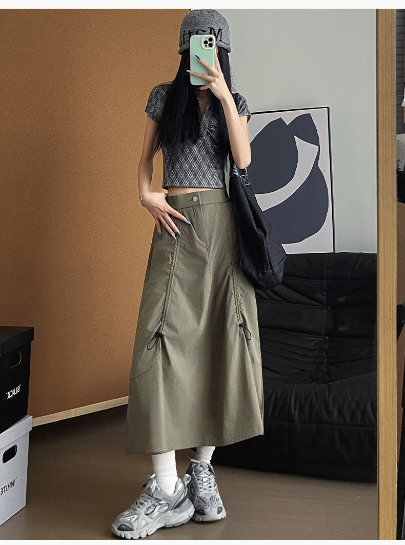 LangSha Gray Workwear Skirt Women Autumn 2025 New High Waist Drawstring A-Line Flared Slim American Casual Half Skirt 4