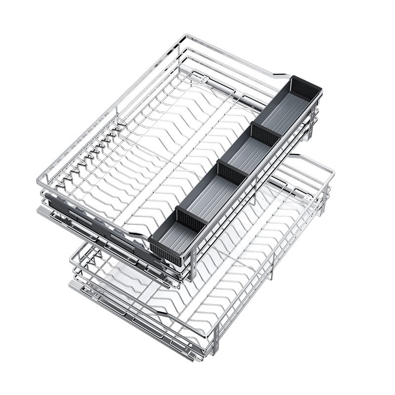 Sijimuge Pull-Out Basket Kitchen Drawer 304 Stainless Steel Double-Layer Dish and Spice Rack Cabinet Basket
