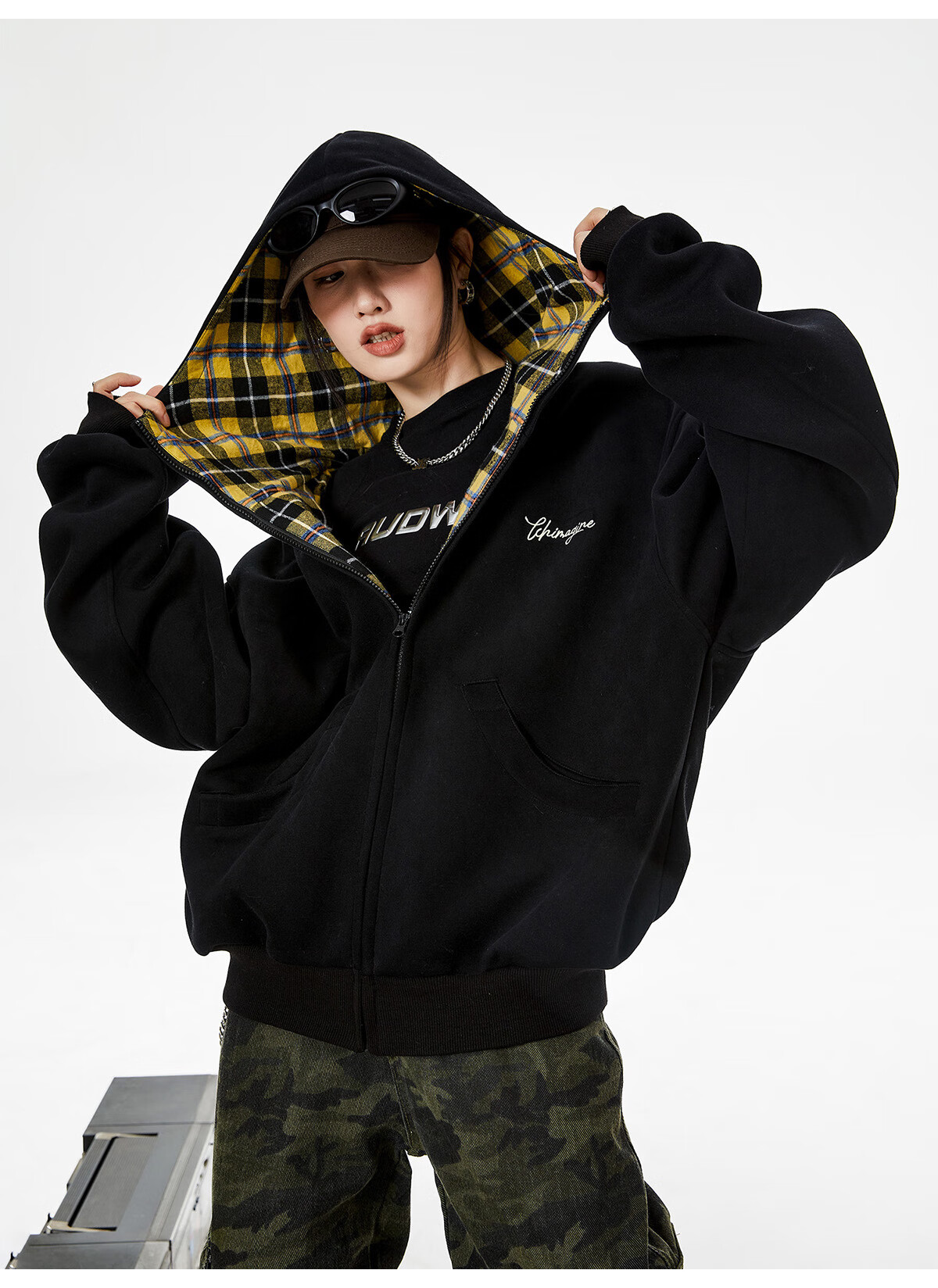 ICH MODE Celebrity Style American Plaid Patchwork Cardigan Sweatshirt Autumn Jacket Sports Cardigan Top Women Heather Gray XL 45
