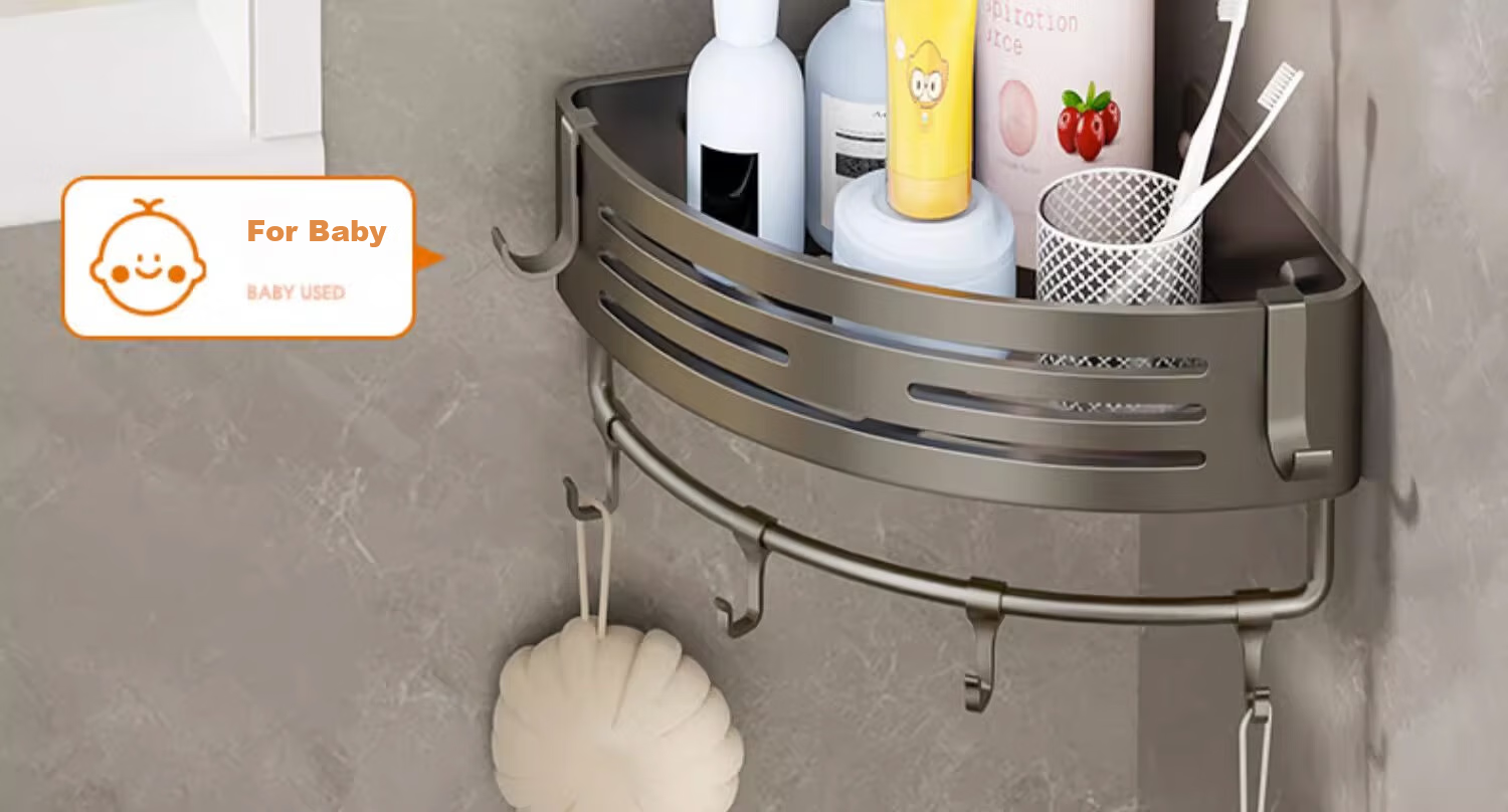 Xinpei Space Aluminum Bathroom Storage Rack, No Drilling Required, Bathroom Vanity Corner Shower Toilet Washroom Triangular Shelf Basket 15