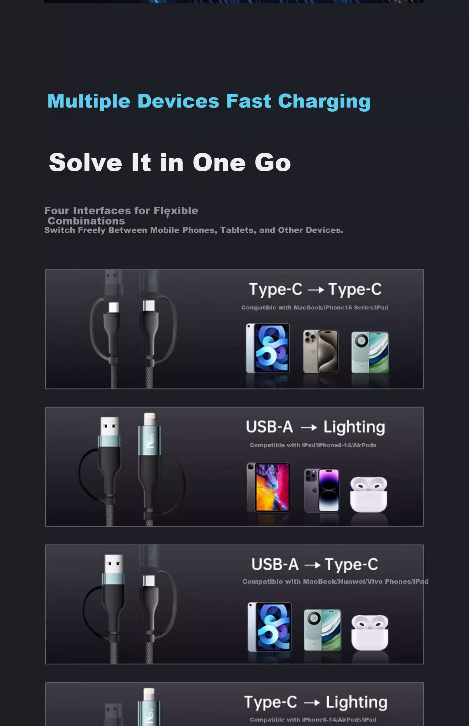 Nengshi Four-In Charging Cable, Type-C Data Cable, PD Dual-Head Fast Charging, Suitable for Apple IPhone, Huawei, Xiaomi IPad/tablet/laptop, 1.5 Meters 6