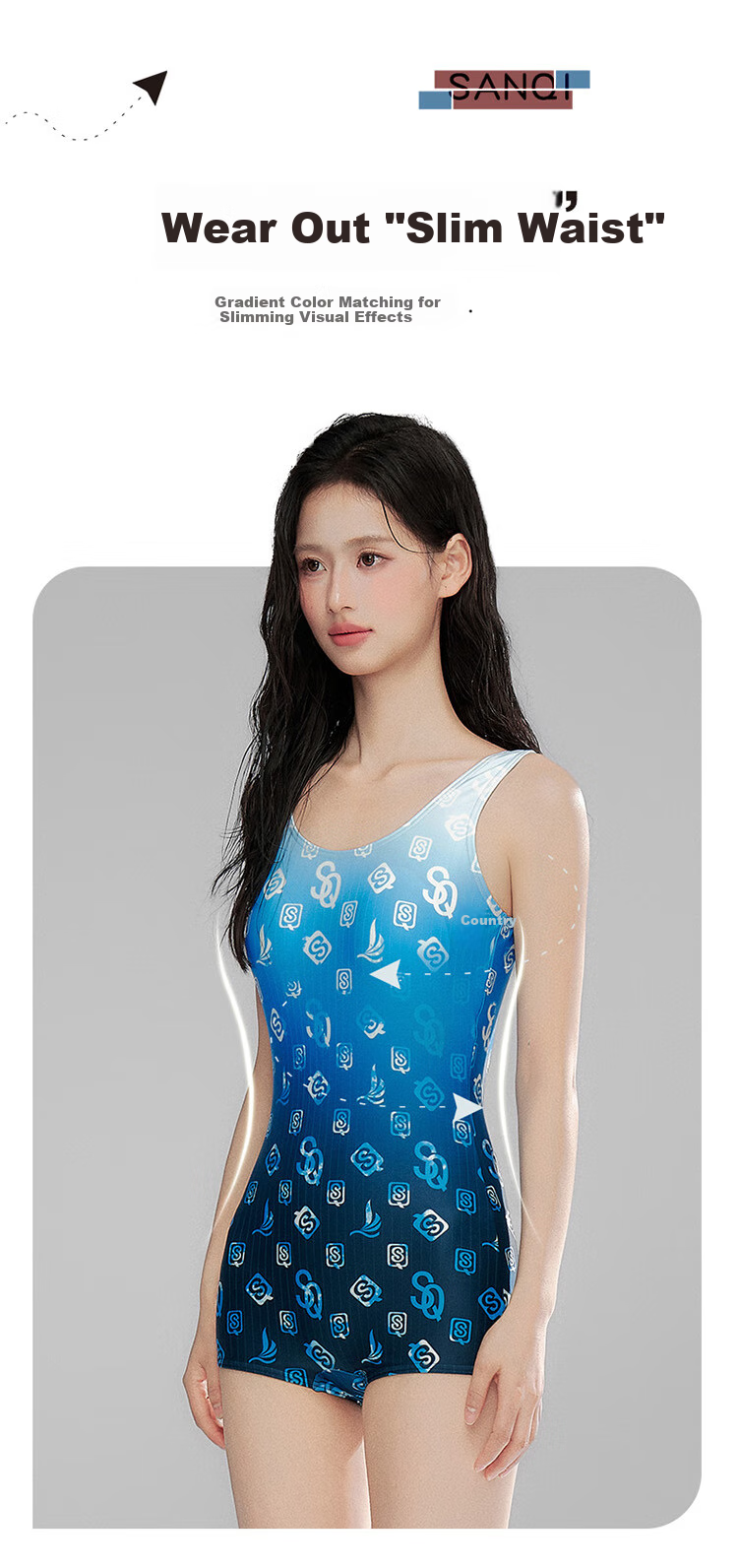 Sanqi Women's Swimsuit, 2025 New Style, Conservative One-Piece, Boyshort, Plus Size, Competitive Professional Training, Hot Spring Swimwear, Blue, Size M 6