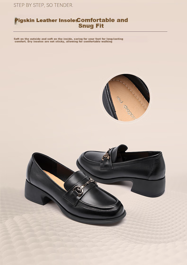 RED DRAGONFLY Women's Loafers with Chunky Heel, French-Style Leather Shoes, Versatile Commuter Shoes for Women, Mom's Flats WTB152791 Black Size 40 6