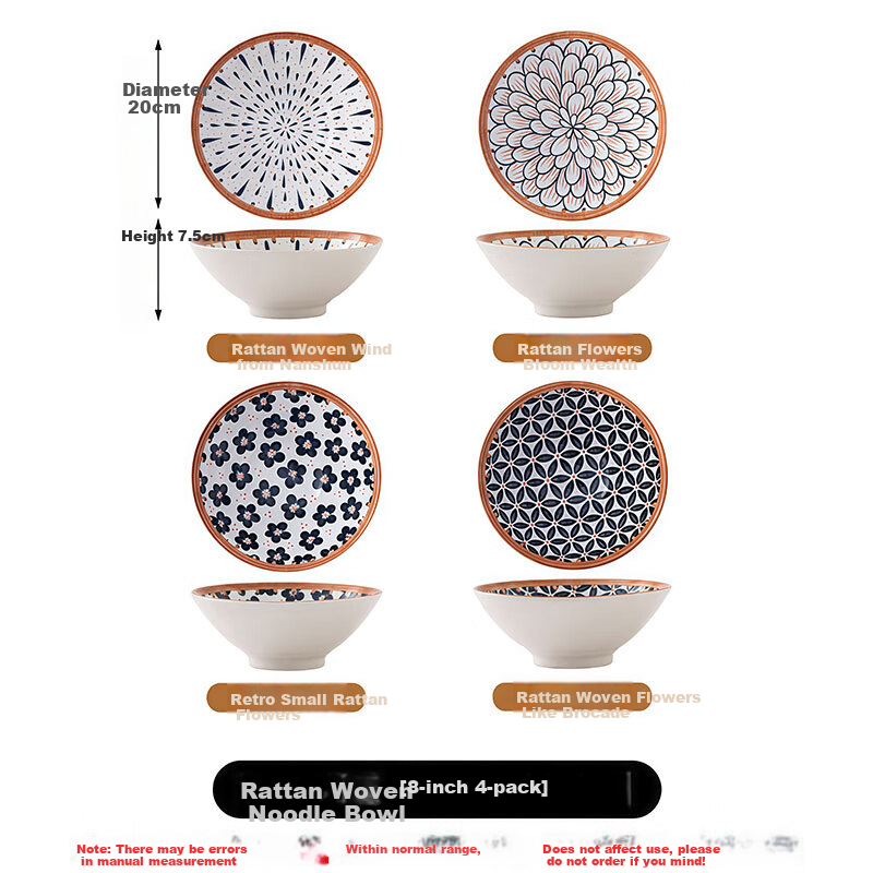 JIWUSENLIN Ceramic Ramen Bowl, Conical Bowl for Home Use, Large Bowl Tableware, Large Soup Bowl for Eating Noodles, Random Floral Pattern, 8 Inches, Set of 4