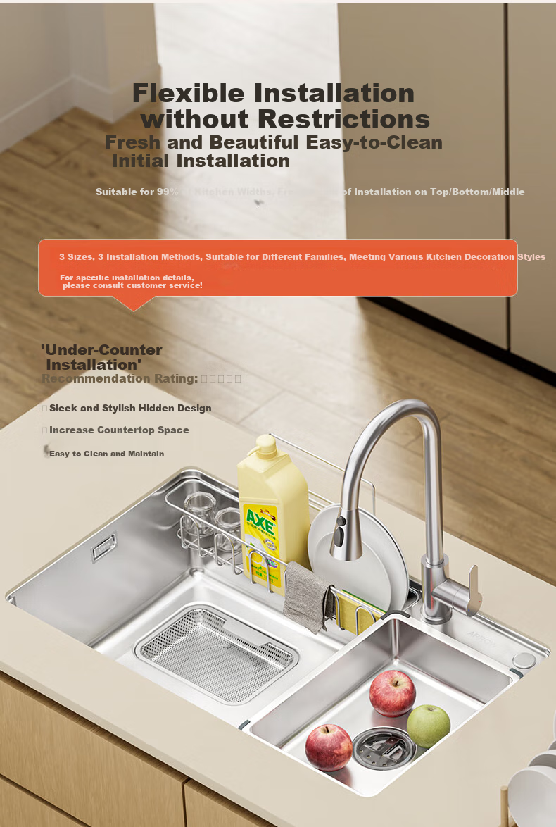 ARROW Kitchen Sink, Large Single Basin, Japanese-Style 304 Stainless Steel Dishwashing And Vegetable Washing Sink, Integrated Basi 23