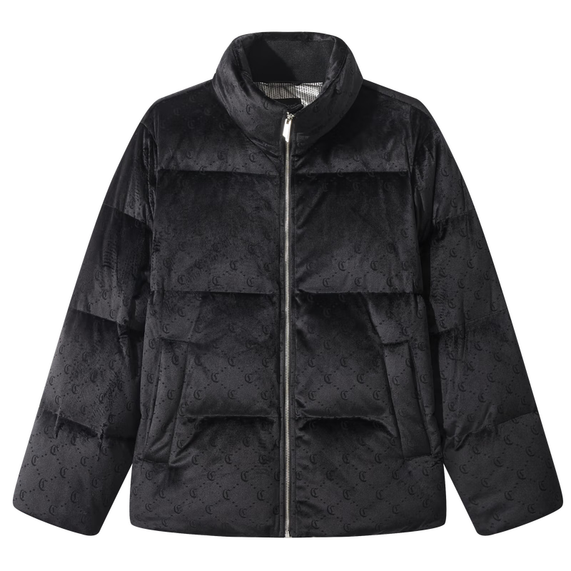 CABBEEN Men's Logo Laser Burnt Floral Velvet Down Jacket Casual Winter Coat
