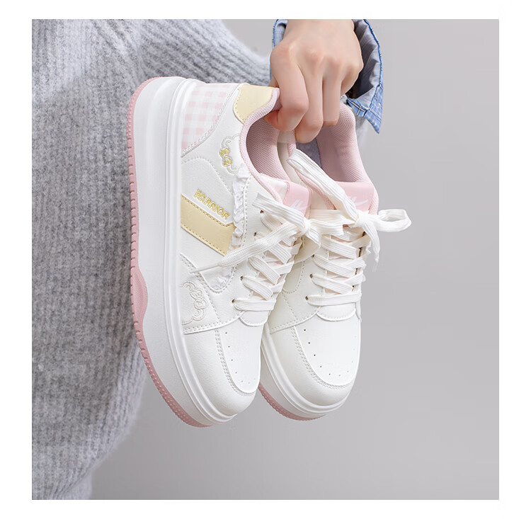 Warrior Women's Autumn Winter Thick Sole White Sneakers Sweet Versatile Casual Sports Shoes Beige Pink Size 38 5