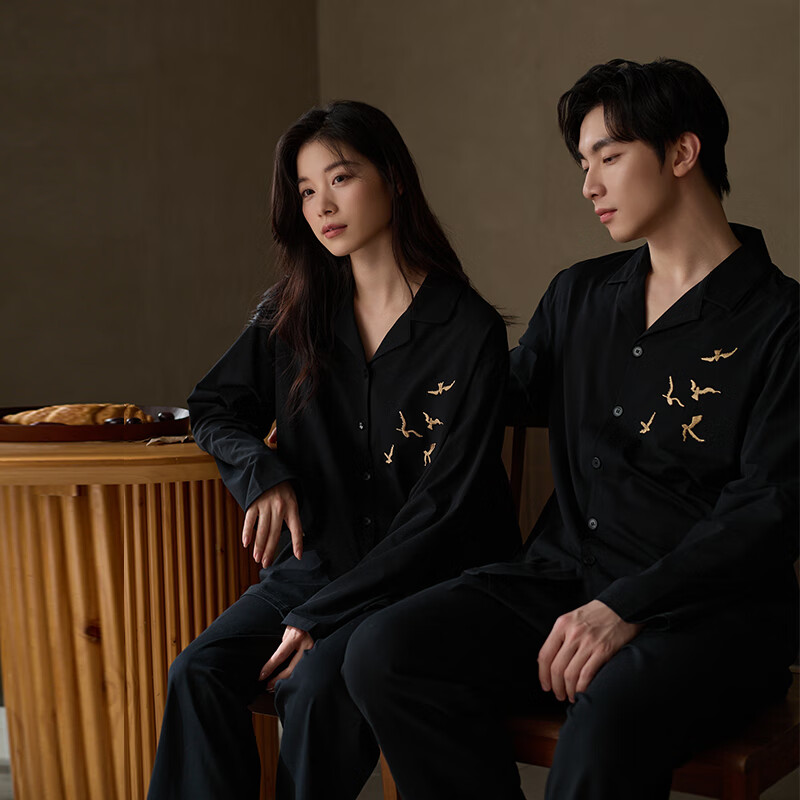 Shaqian Couples Pajamas 2025 New Soft Cotton Men's Homewear Black Lapel Women's Spring Autumn Wearable Set