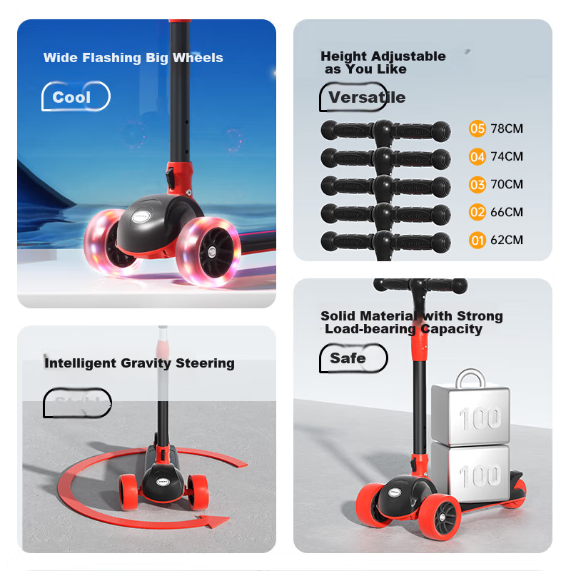 SWAY Scooter for Children 3-6 Years Old, Anti-Rollover, Foldable, Light-Up Wheels, Kids' Kick Scooter
