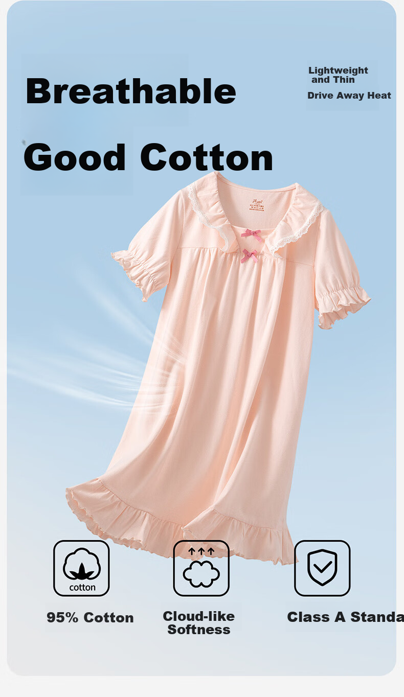 Dingguagua Girls' Nightgown, Summer Princess Style, Class A Pure Cotton Long Dress, Children's Pajamas, Loungewear, Parent-Child Dress, Light Pink, Size 130 2
