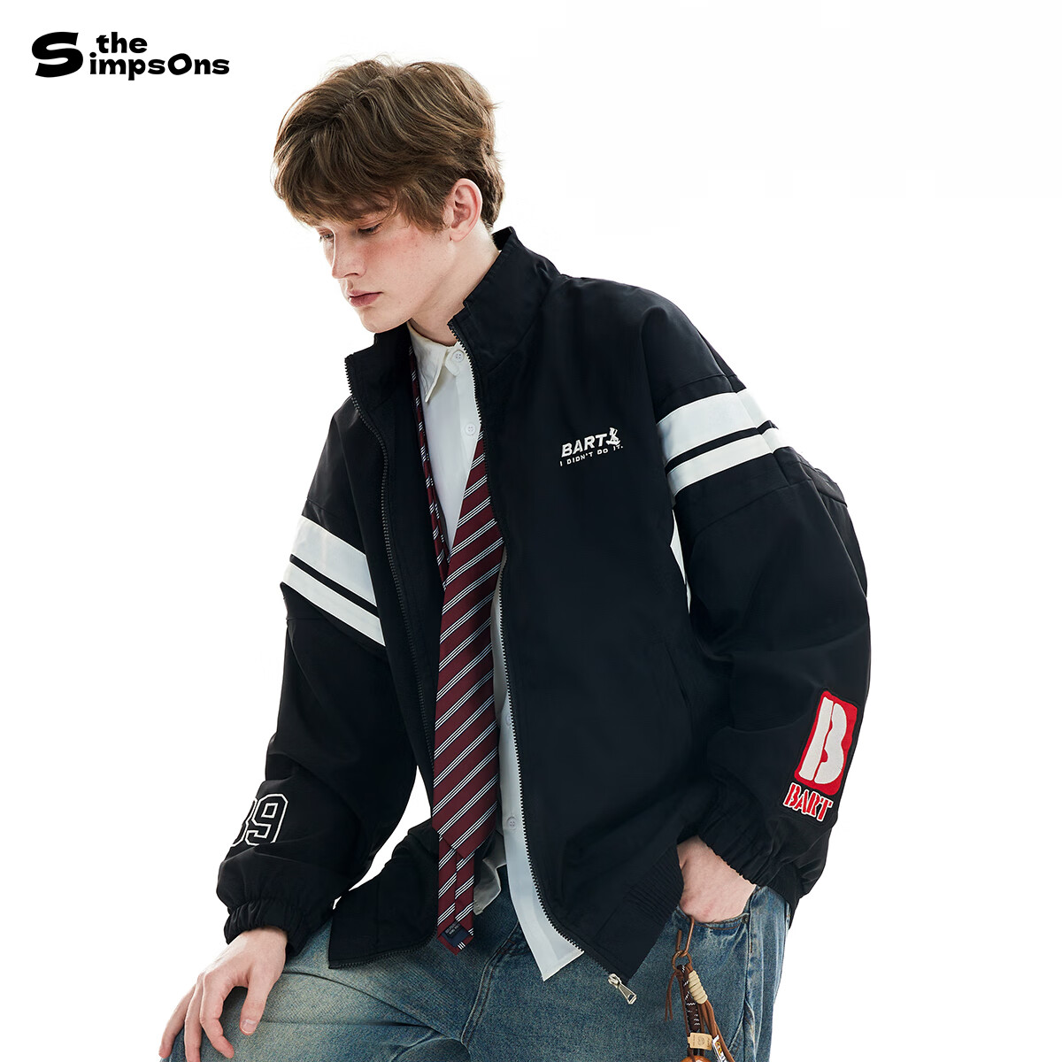 THE SIMPSONS Casual Colorblock Patchwork Trendy Loose Unisex Jacket Black/White Regular M