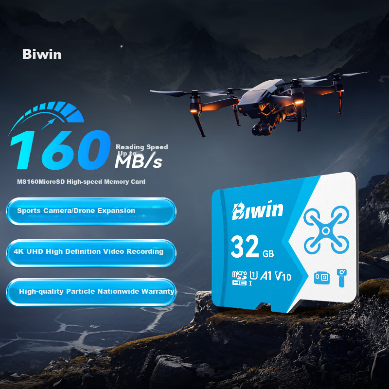 Карта памяти BIWIN 32GB TF (MicroSD) U3 V30 A2 4K MS160, скорость чтения 160 МБ/с