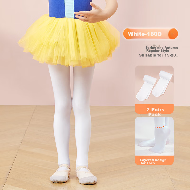 Aiwuge Children's Dance Tights, Thin Spring And Autumn Style, Pantyhose for Girls' Exams And Dancing, Base Layer Socks, 180D - White, 2 Pairs, Size M