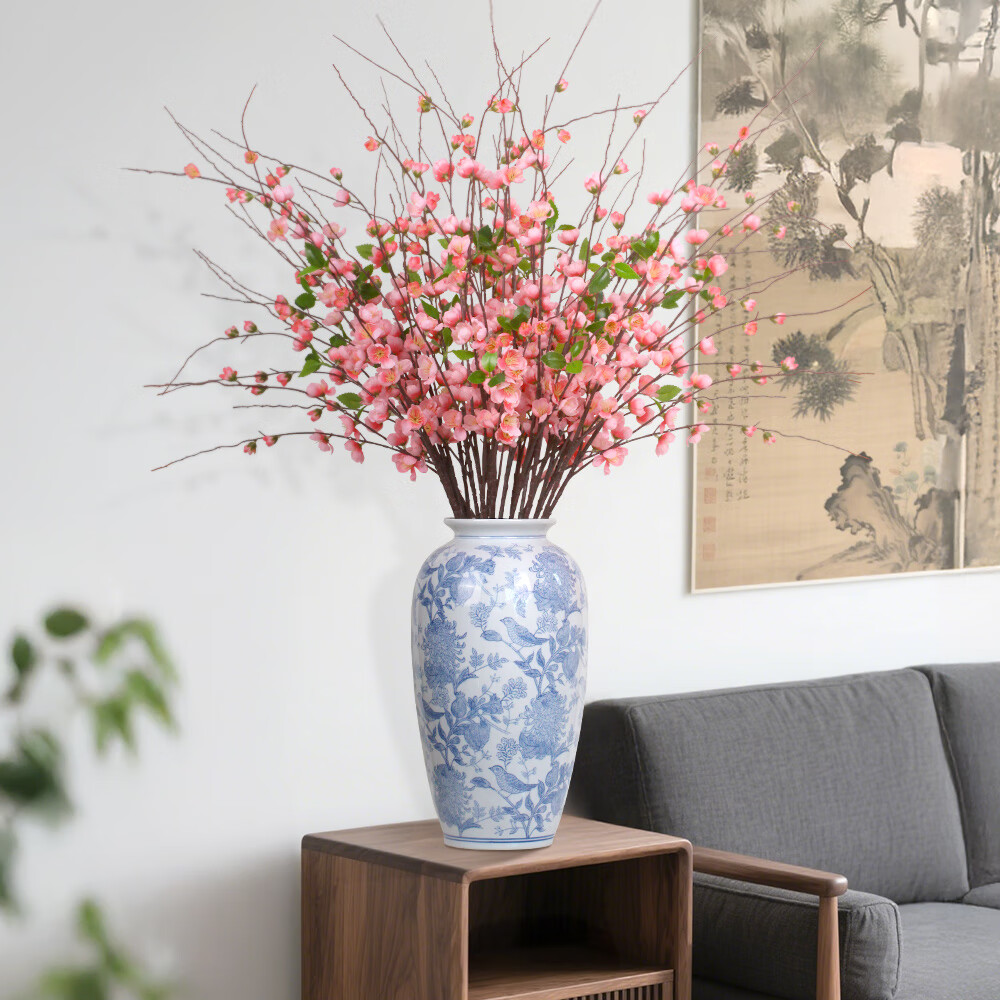 Qiju Yaji Artificial High Branch Peach Blossom Chinese Style Ornament Set of 2 with 9 Branches for Homestay Tea Room Living Room Dining Table Floral Decoration 20395