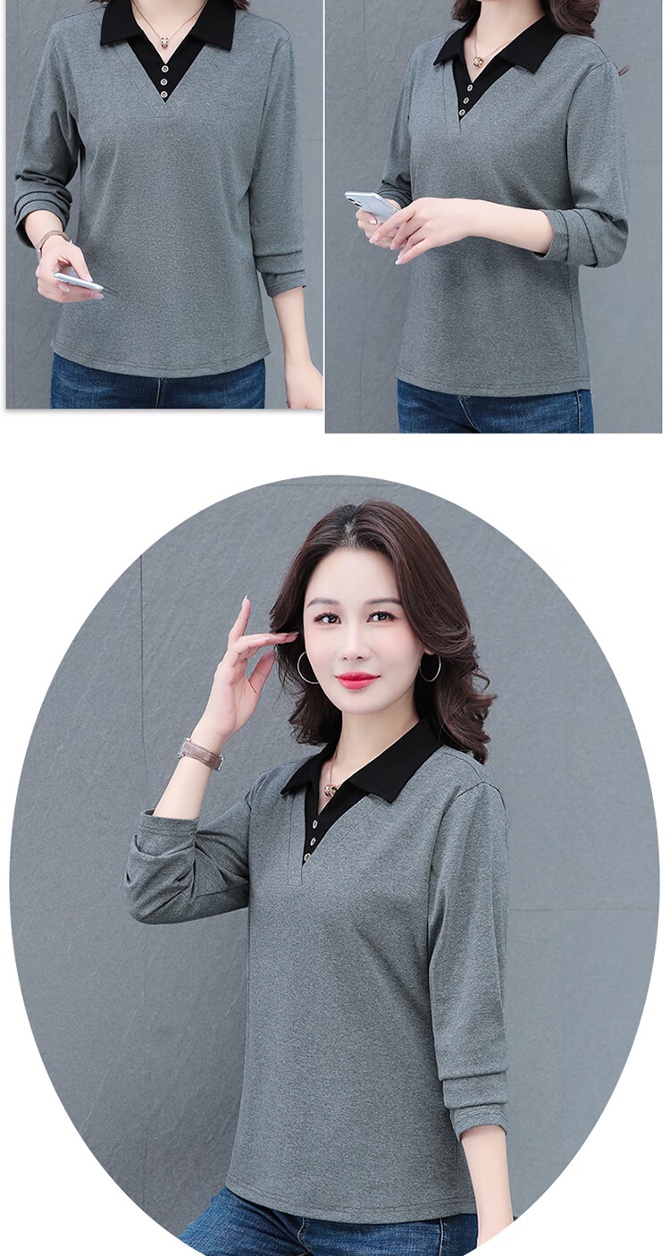 Woodpecker Women's Long Sleeve Polo Shirt Fake Two-Piece Autumn New Large Size Base Shirt Blue 3XL 16