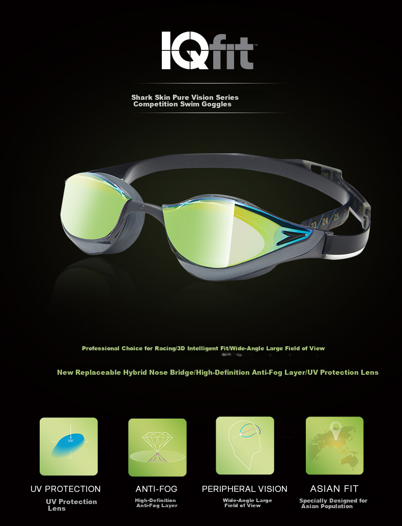 Speedo Shark Skin Series Pure Vision Japanese Imported Racing Training Anti-Fog Coated Swimming Goggles, Electric Yellow 3