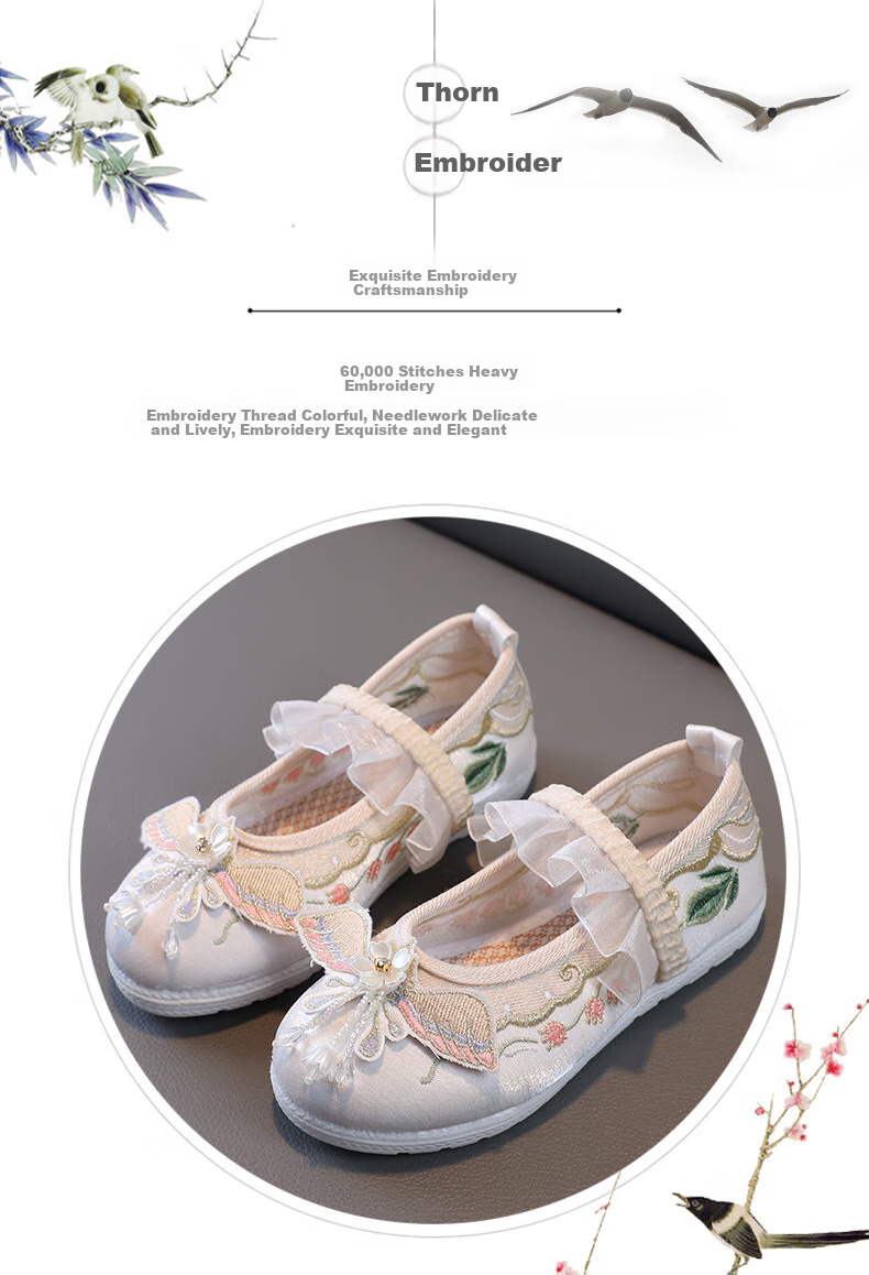 Luomeng Girls' Hanfu Shoes, Chinese Style Student Costume Performance Dance Shoes, Old Beijing Cloth Shoes with Embroidery, Pink, Size 36 4