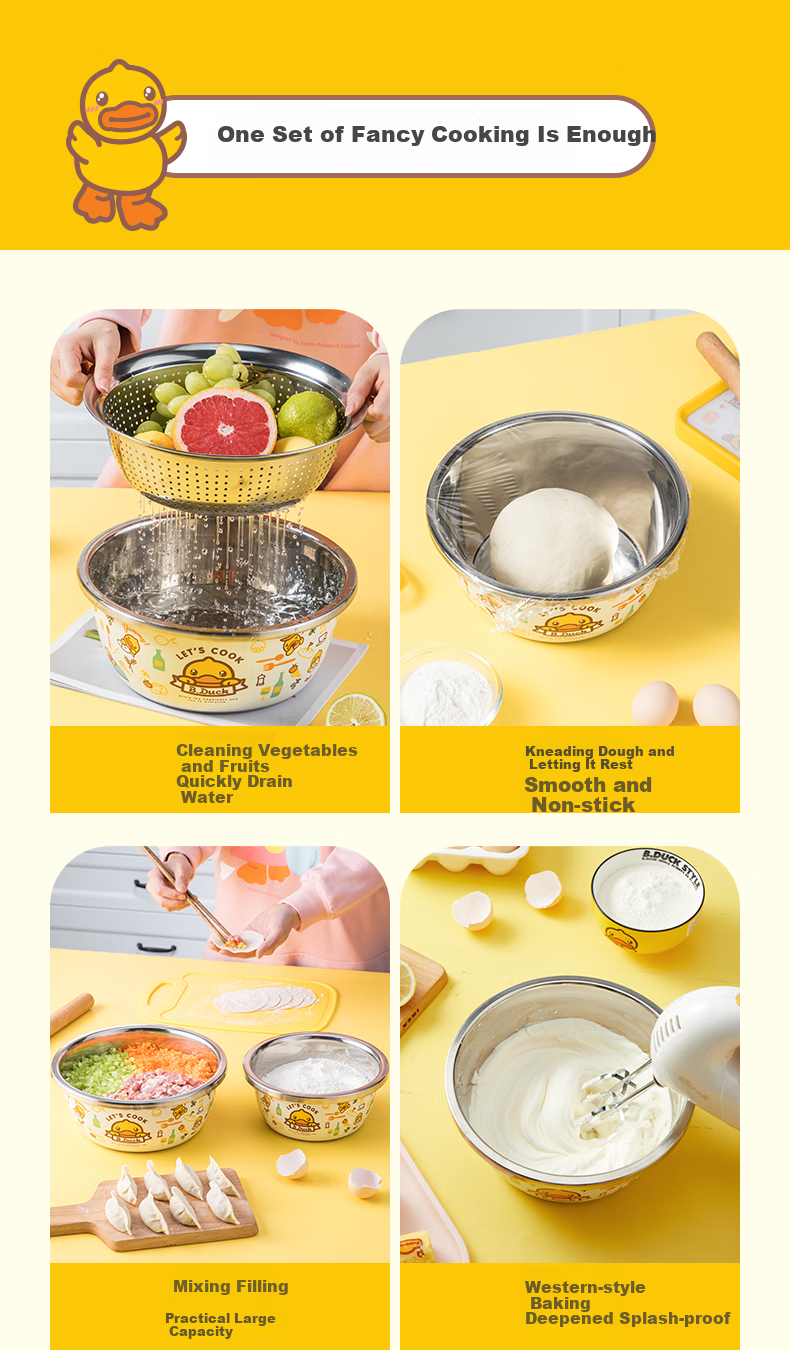 COOKER KING x Little Yellow Duck 304 Stainless Steel Bowl and Sieve 3-Piece Set Thickened Vegetable Washing, Fruit, and Dough Draining Basin 7