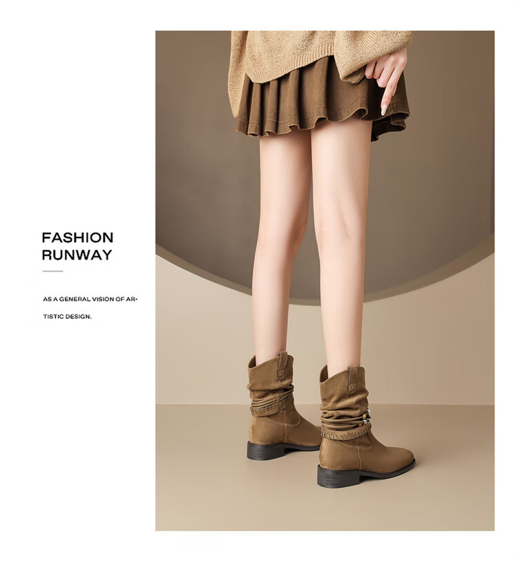 DAPHNE Vintage Western Cowboy Boots Autumn Winter New Mallard French Short Boots Women Tall Boots Suede Coffee 36 5