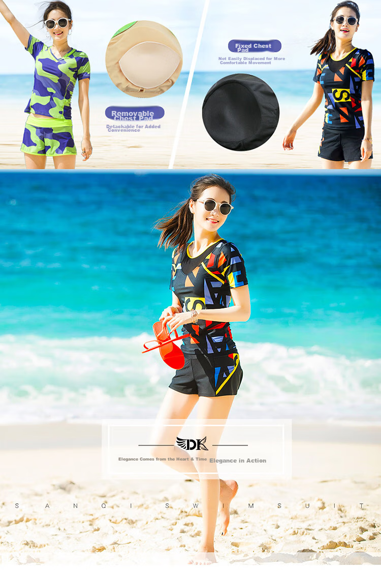 DK Conservative Two-Piece Swimsuit for Women, Push-Up Bra for Small Chest, Slimming Tummy Control Short Sleeve Swimwear for Hot Springs And Swimming 1