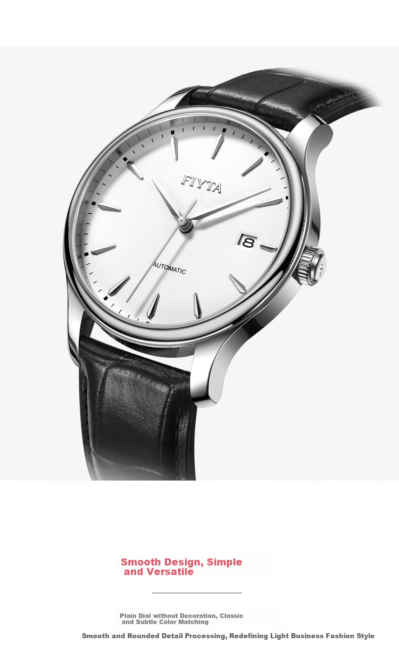 FIYTA Classic Series, Calendar White Dial with Black Leather Strap, Automatic Men's Mechanical Watch, Business Casual Style, Holiday Gift for Me 4
