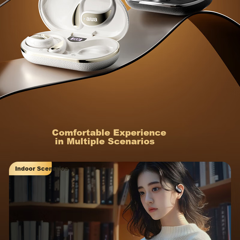 Aiwa AW35 Luxury Leather Texture Bluetooth Ear Hook Open-Ear Sports Running Long Battery Life Headset for Apple Huawei Phones White 15