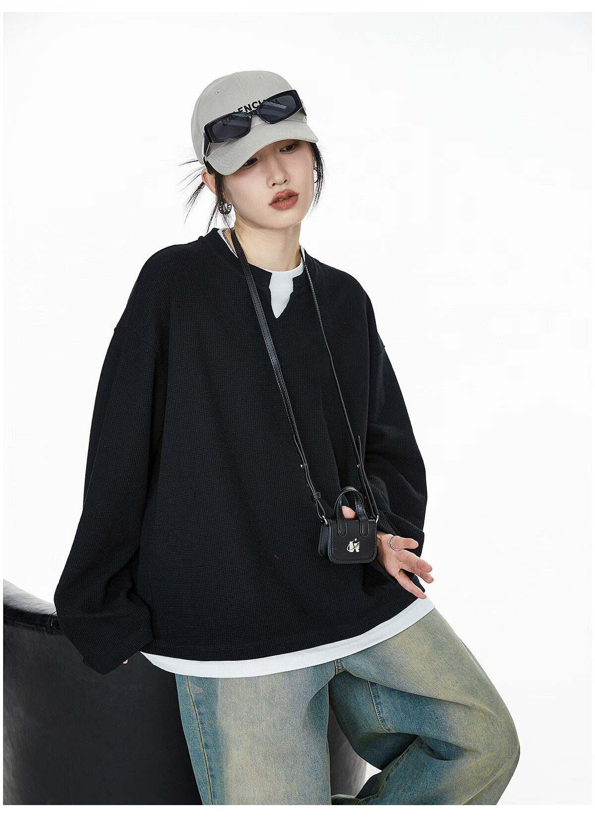 ICH MODE Women's Pullover Sweatshirt American Waffle Long Sleeve T-Shirt Autumn Winter Loose Casual Henley Neck Top Gray L 39