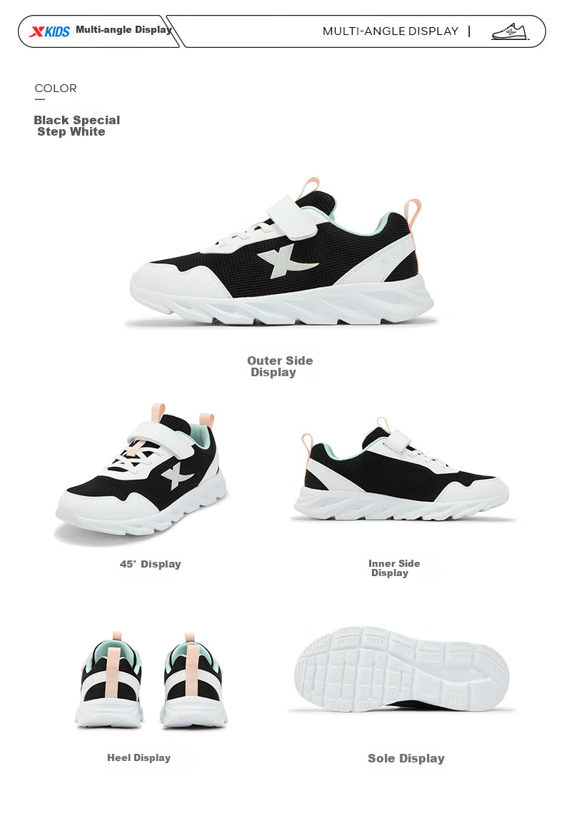 XTEP Kids' Basic Sports Shoes Student Campus Velcro Running Shoes Black/White 40 5