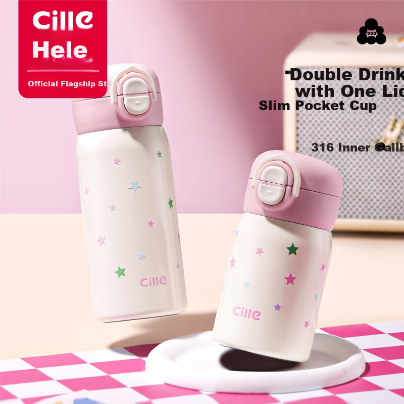 Cille Cute Sweet Dual-Use Insulated Cup, 316 Stainless Steel Large Capacity Student Water Bottle, Portable Bouncy Straw Cup for Men And Wome