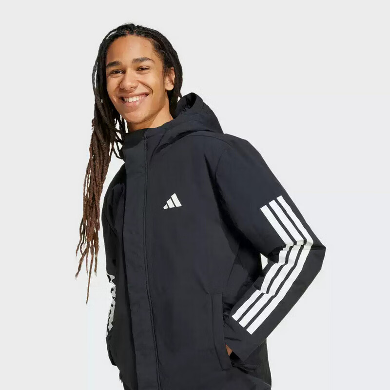 Adidas Men's Sportswear Series 3S HOODED INS J Short Cotton Jacket JY8303, Black, Size L 4