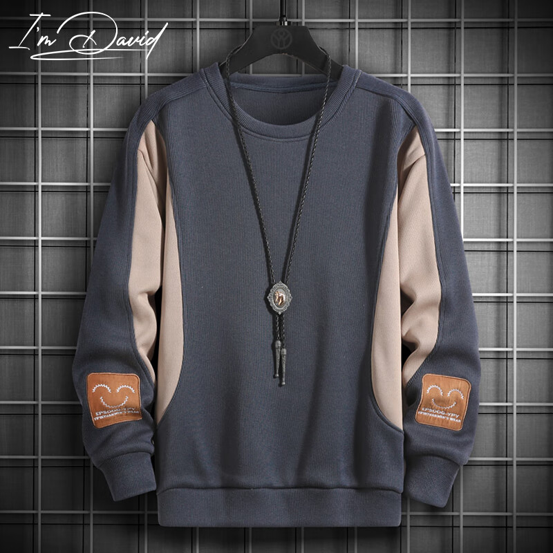I'M DAVID Men's Spring and Autumn Loose Fit Colorblock Long Sleeve Pullover Crew Neck Sweatshirt Dark Gray L
