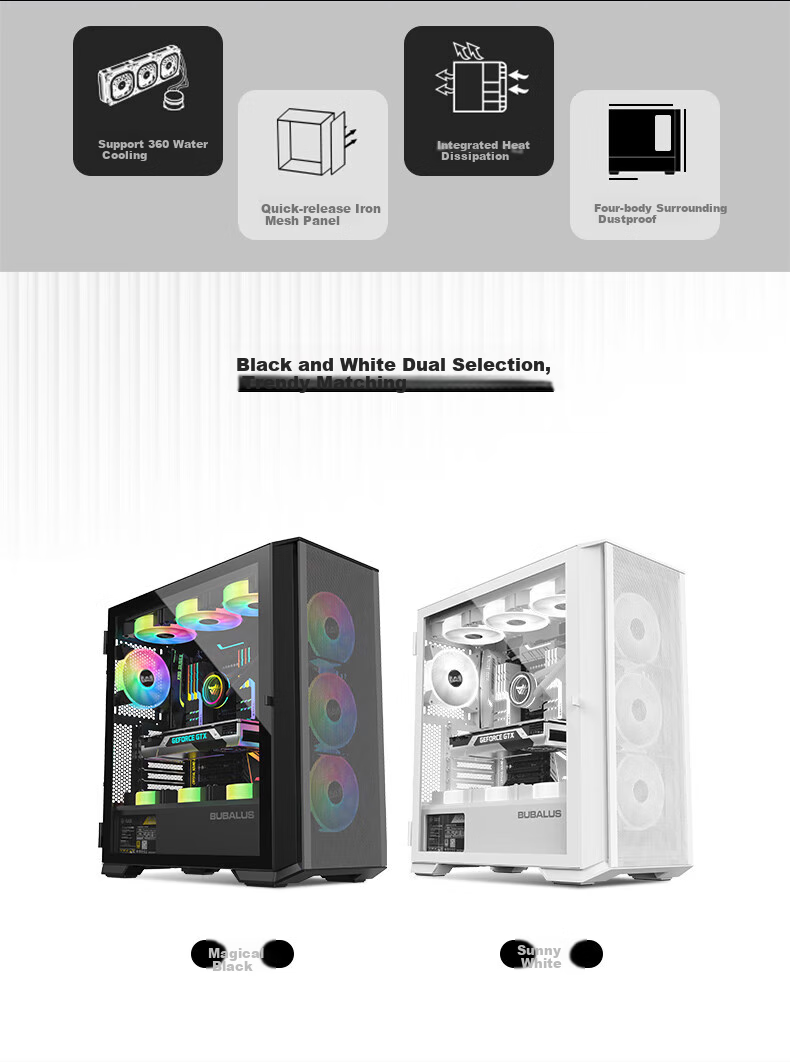BUBALUS Guardian S301 Black Computer Desktop Case (Top And Front Dual 360mm Water Cooling Positions / Supports E-ATX / Full Side Glass Panel / 12 Fan Positions) 3