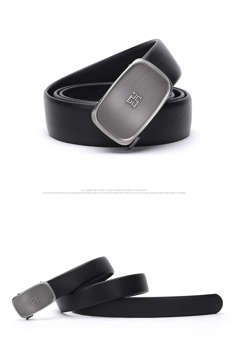 ELLE HOMME Men's Business Leather Belt First Layer Cowhide Automatic Buckle Fashion Belt 0735 Black Birthday Gift for Boyfriend 1
