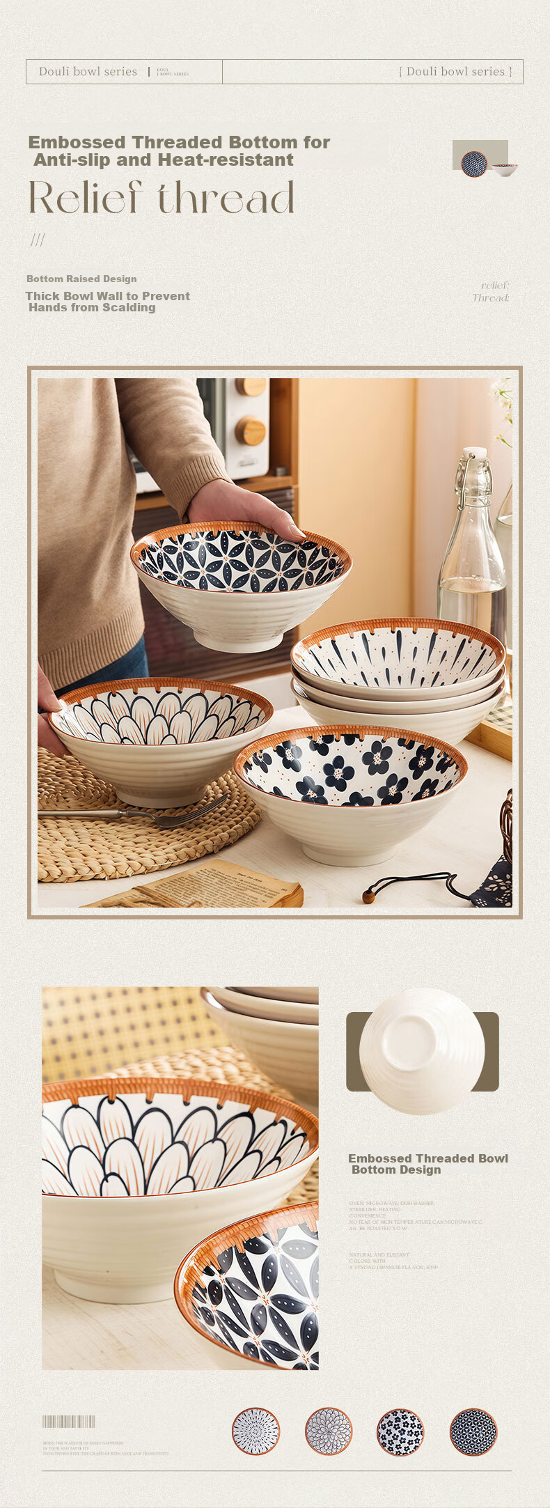 JIWUSENLIN Ceramic Noodle Bowls, Conical Bowls for Home Use, Large Bowls, Tableware, Ramen Bowls, Soup Bowls, Random Floral Patterns, 8 Inches, Set of 4 5