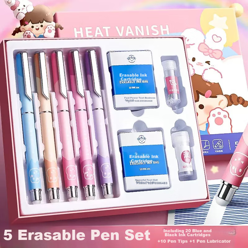 Benyi 5-Piece Gift Box Set Erasable Fountain Pen/ Tutu Sauce for Third-Grade Elementary School Students' Handwriting Practice, Heat-Sensitive Erasable Posture-Correcting Fountain Pen for Male And Female Beginners, Replaceable Ink Cartridge for Novice Writers' Practice