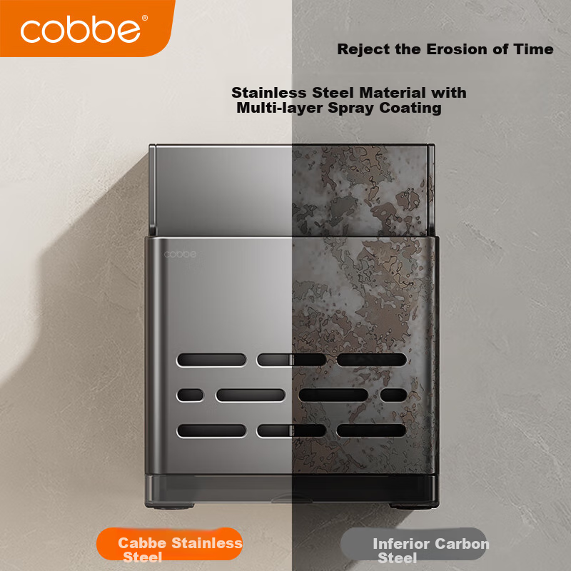 Cobbe Kitchen Knife Holder Wall-Mounted Storage Rack with Chopstick Cage, Multi-Functional Organizer, No Drilling Required, Stainless Steel Chopstick Tube And Knife Holder