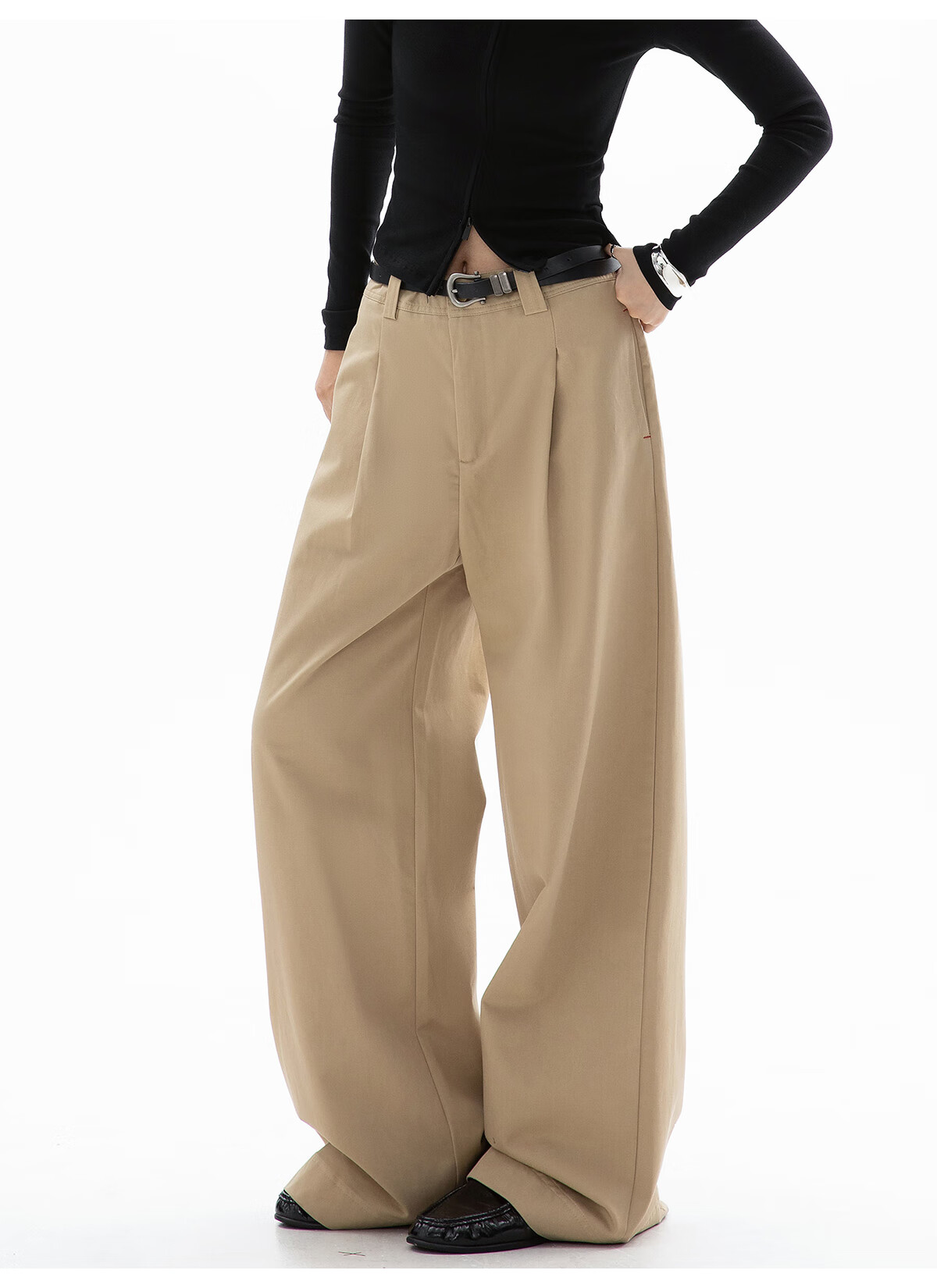 ICH MODE Women's American Style Straight-Leg Dress Pants Autumn Winter New Loose Wide-Leg Suit Trousers Casual Khaki Pants Khaki M 14