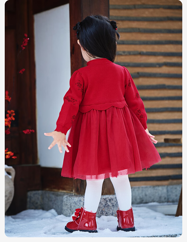 DAVE & BELLA Girls' Traditional Style Dress Autumn Winter Children's Fashion Mesh Dress Baby New Year Dress 2