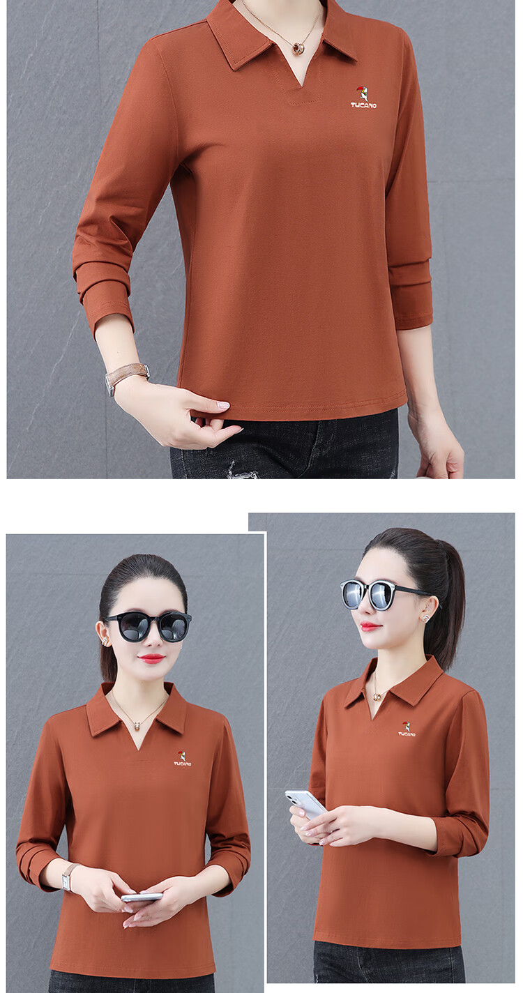 Woodpecker Women's Long Sleeve Polo Shirt Autumn New Pure Cotton Casual Plus Size Caramel L 3