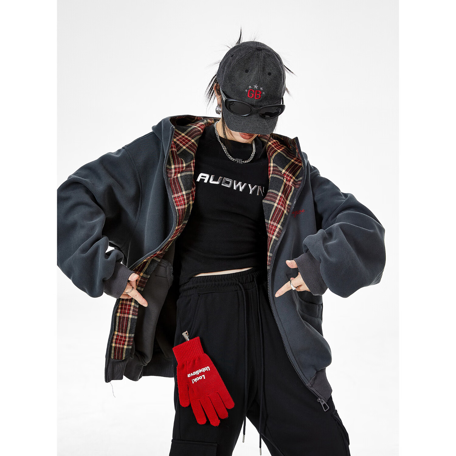 ICH MODE Celebrity Style Women's Hoodie American Plaid Patchwork Zip-up Sweatshirt Autumn Jacket Sports Cardigan Top Dark Gray M
