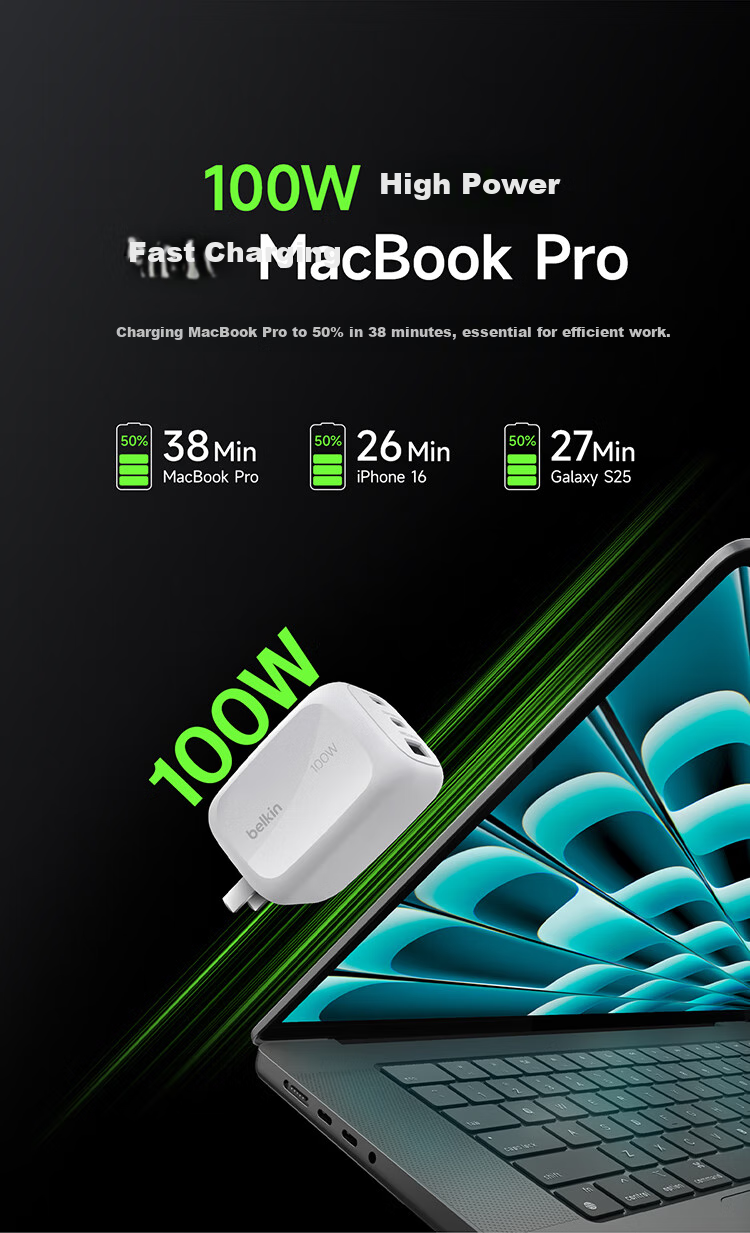 BELKIN Apple Charger, 100W Gallium Nitride 3-Port Fast Charging Adapter, Power Supply for Apple IPhone 17 Tablet, Compatible with PD3.1 And PPS Protocols 6