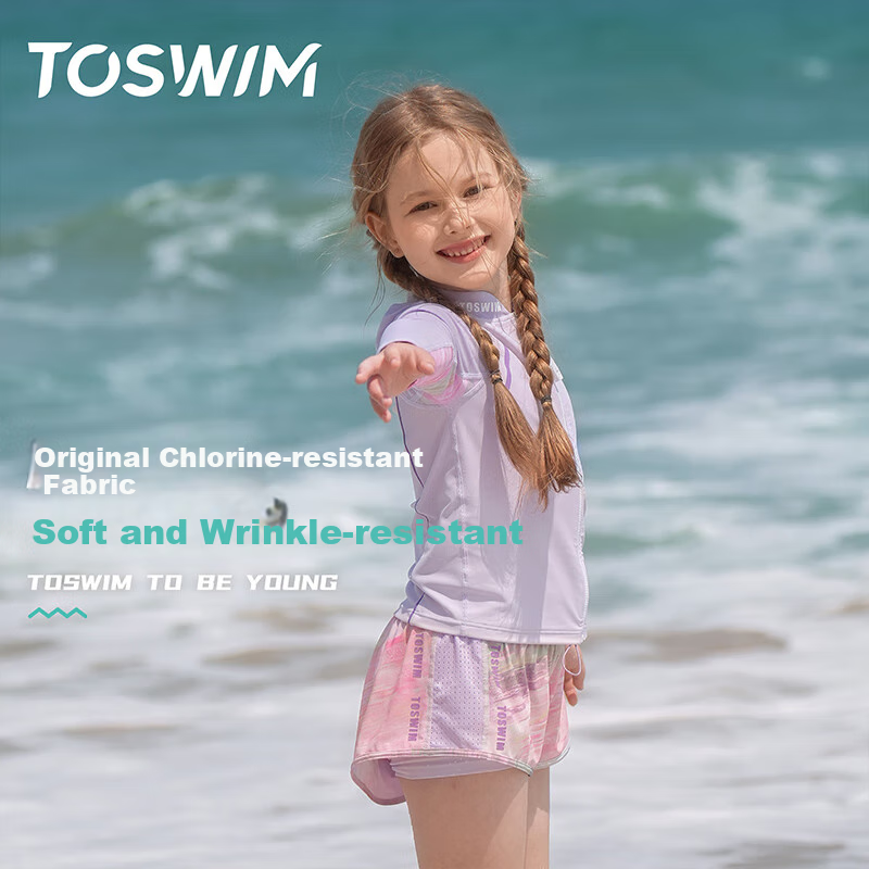 Детский купальный костюм TOSWIM, комплект из двух предметов, с длинным рукавом, быстросохнущий, защита от солнца, шорты до колен, фиолетовый сад, размер 130