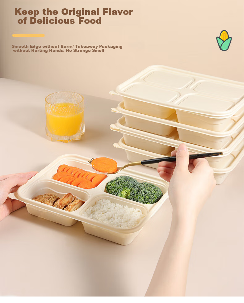 Baijie Corn Starch Disposable Food Containers, Biodegradable Microwave-Safe Lunch Boxes with Lids, Takeout Meal Boxes, 4 Compartments * 20 Sets 3