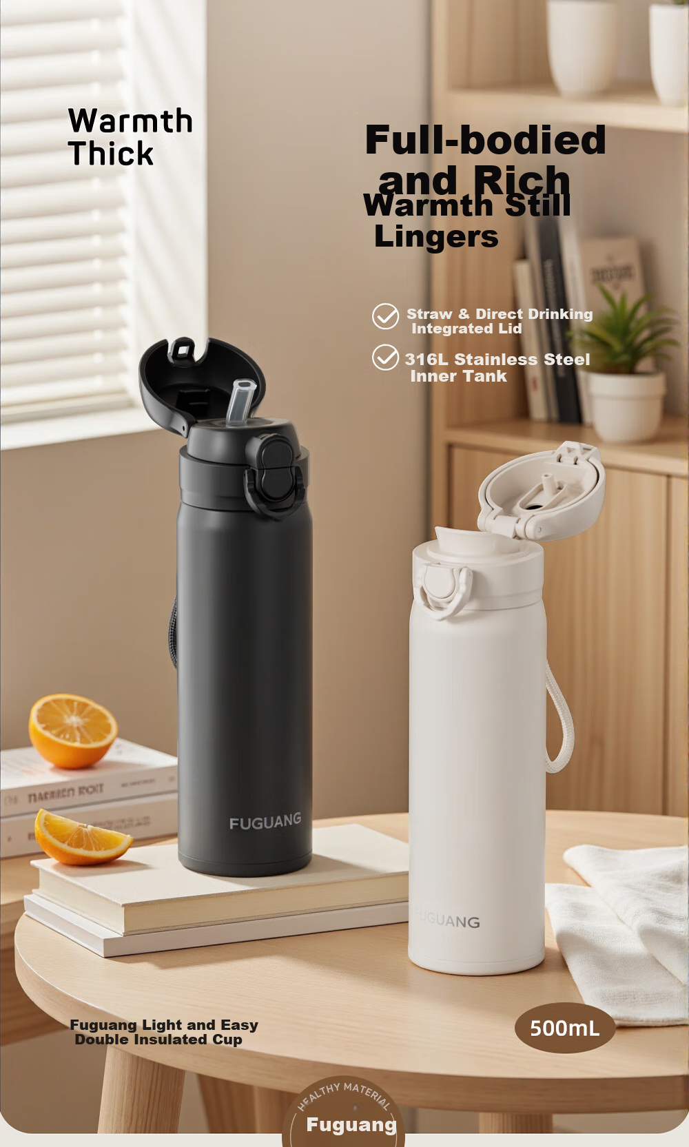 Fuguang Student Insulated Cup with Pop-Up Lid, 316L Stainless Steel Straw Cup for Women, Long-Lasting Heat And Cold Retention Children's Water Bottle 1
